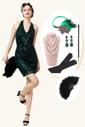 Halter Green Paljetter Gatsby kjole med 20s tilbehør sett